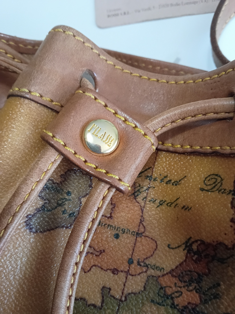 Alviero Martini Tan & Brown Map-Print Leather Drawstring Crossbody Bag - Picture 5 of 16